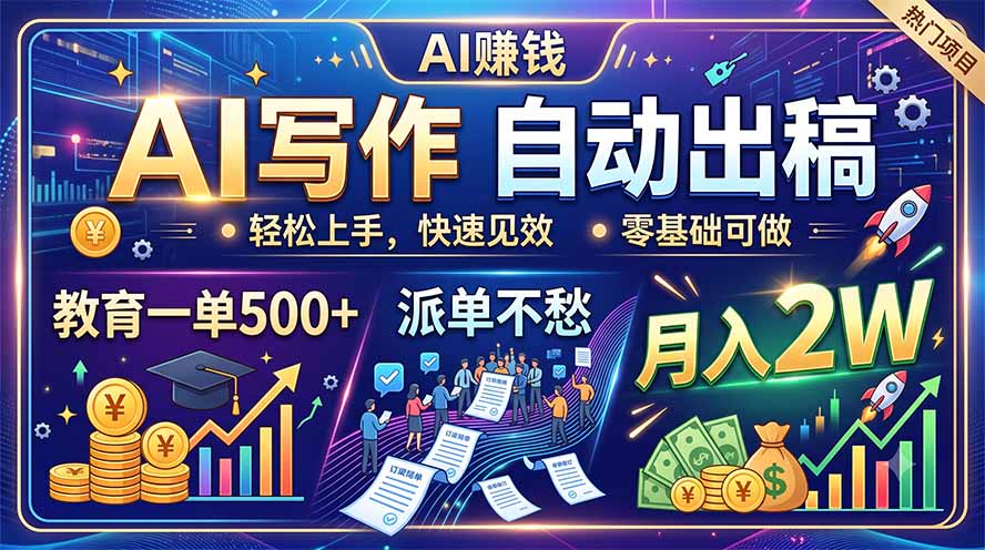 AI写作自动出稿,教育一单500+,派单不愁,月入2W-源创文化