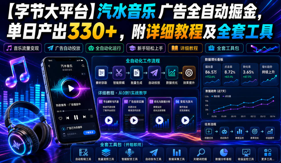 【字节大平台】汽水音乐广告全自动掘金，单日产出330+，附详细教程及全套工具【揭秘】-源创文化