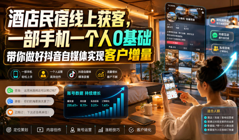 酒店民宿线上获客，一部手机一个人0基础带你做好抖音自媒体实现客户增量-源创文化