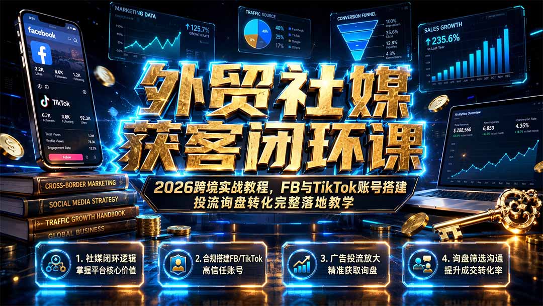外贸社媒获客闭环课|2026跨境实战教程,FB与TikTok账号搭建投流询盘转化完整落地教学-源创文化