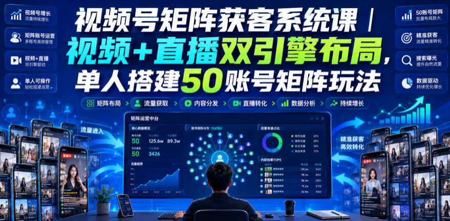 视频号矩阵获客系统课｜视频+直播双引擎布局，单人搭建50账号矩阵玩法，流量入池、搜索占位、全域引流沉淀私域全流程教学-源创文化