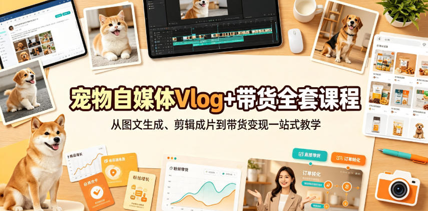 宠物自媒体Vlog+带货全套课程|从图文生成、剪辑成片到带货变现一站式教学-源创文化