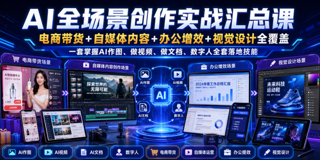 AI全场景创作实战汇总课｜电商带货+自媒体内容+办公增效+视觉设计全覆盖，一套掌握AI作图、做视频、做文档、数字人全套落地技能-源创文化