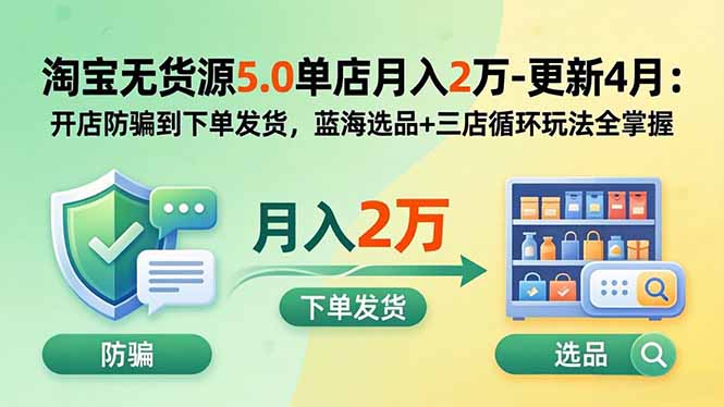 淘宝无货源5.0单店月入2万-更新2026：开店防骗到下单发货，蓝海选品+三店循环玩法全掌握-源创文化