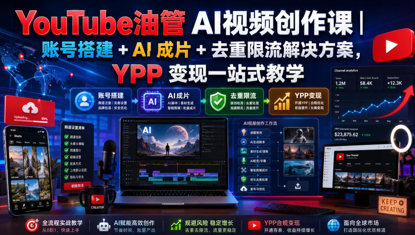 YouTube油管AI视频创作课｜账号搭建+AI成片+去重限流解决方案，YPP变现一站式教学-源创文化