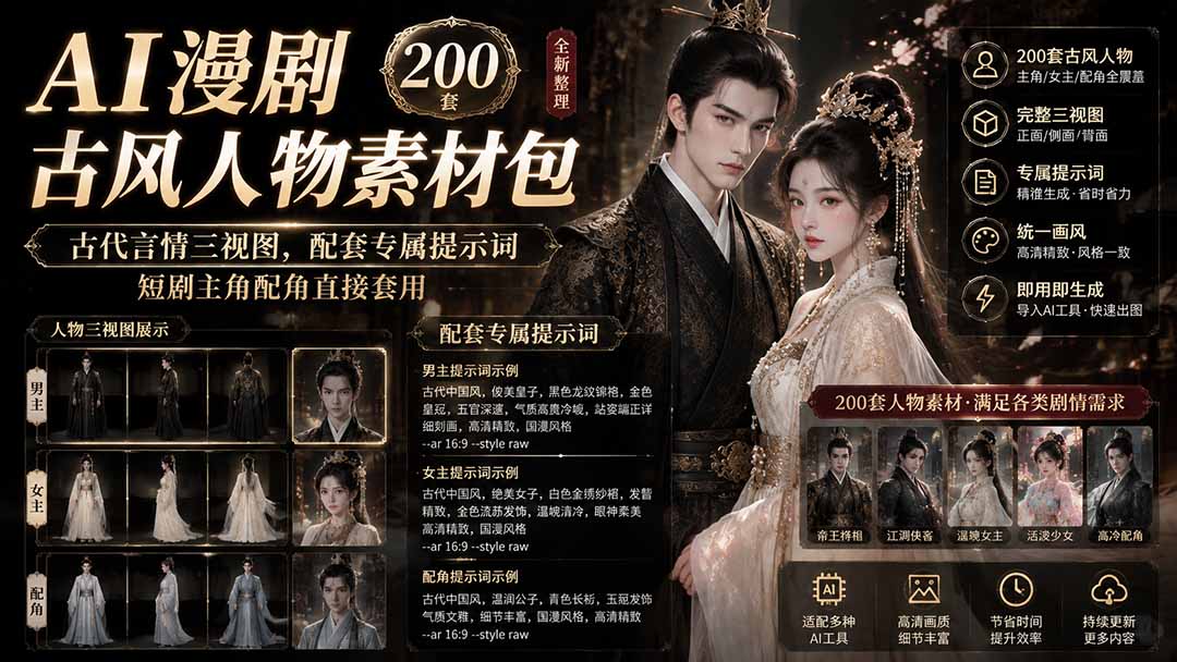AI漫剧古风人物素材包+提示词｜200 套古代言情三视图，配套专属提示词短剧主角配角直接套用-源创文化