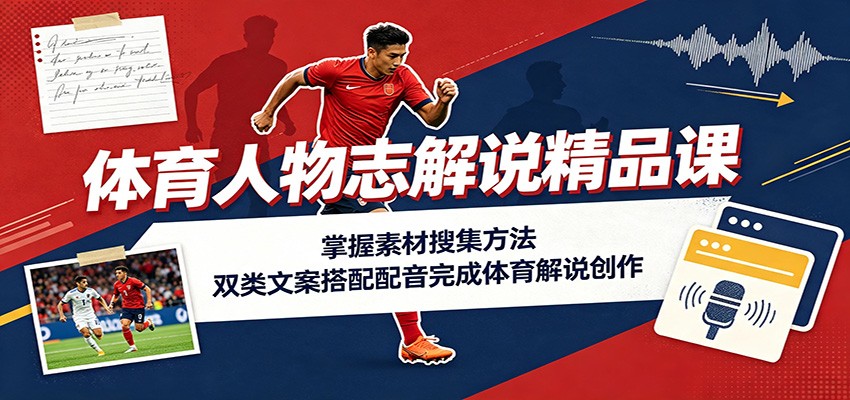 体育人物志解说精品课:掌握素材搜集方法,双类文案搭配配音完成体育解说创作-源创文化