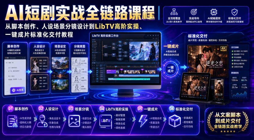 AI短剧实战全链路课程|从脚本创作、人设场景分镜设计到LibTV高阶实操、一键成片标准化交付教程-源创文化