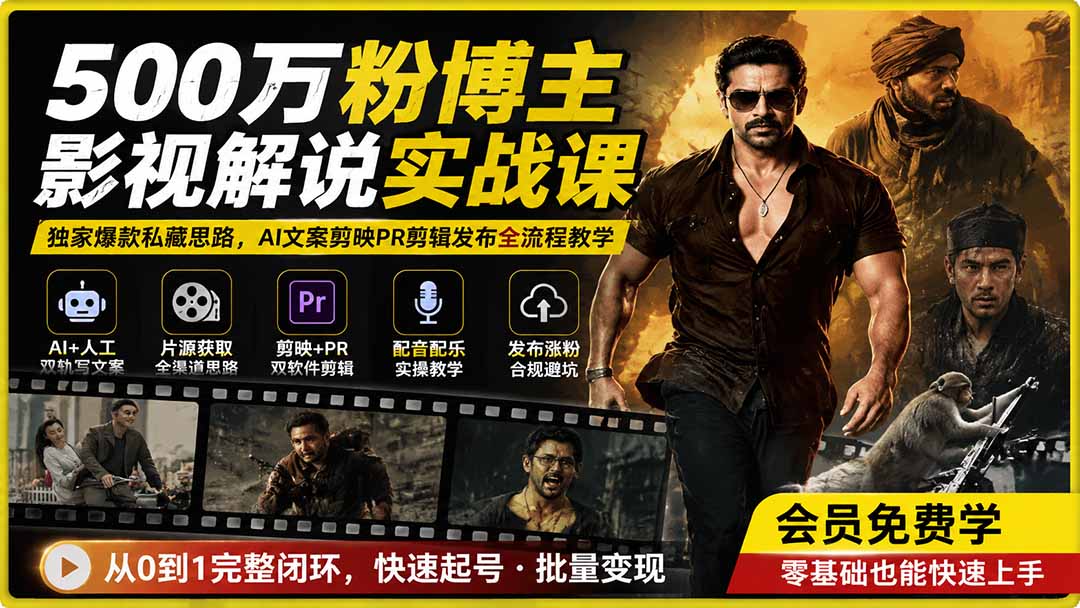 500万粉博主影视解说实战课|独家爆款私藏思路,AI文案剪映PR剪辑发布全流程教学-源创文化