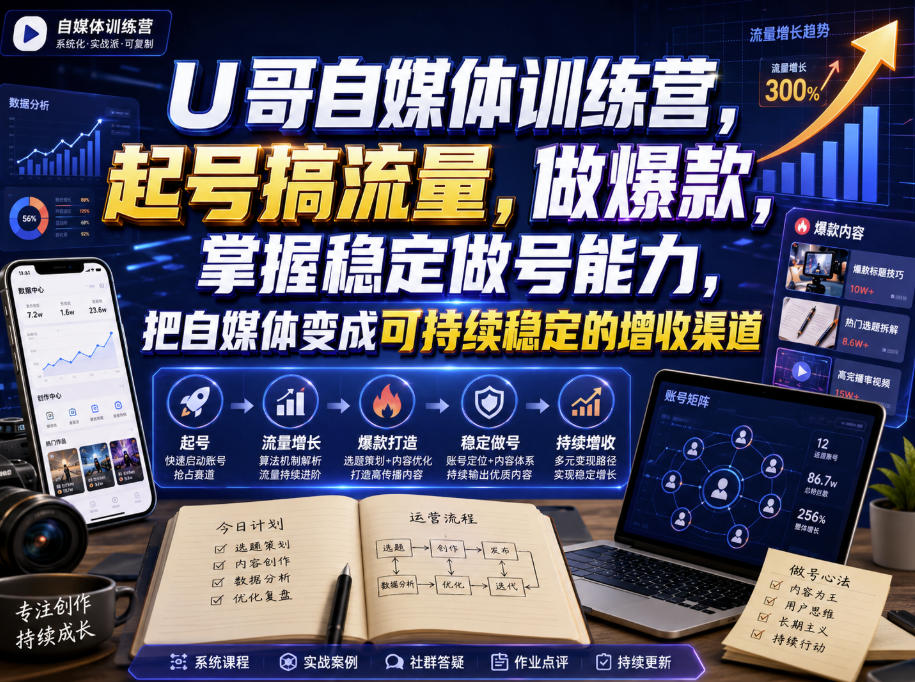 U哥自媒体训练营,起号搞流量,做爆款,掌握稳定做号能力,把自媒体变成可持续稳定的增收渠道-源创文化