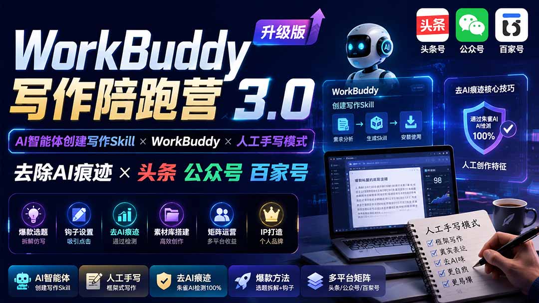 WorkBuddy写作陪跑营3.0-更新:Ai智能体创建写作Skill×WorkBuddy×人工手写模式×去除AI痕迹×头条公众号百家号-源创文化