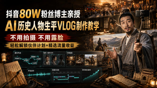 抖音80W粉丝博主的AI历史人物生平VLOG教学，不用拍摄不用露脸，AI帮你搞定，轻松解锁伙伴计划+精选收益-源创文化