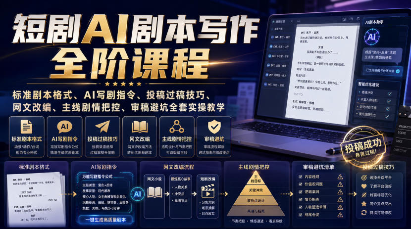 短剧AI剧本写作全阶课程|标准剧本格式、AI写剧指令、投稿过稿技巧、网文改编、主线剧情把控、审稿避坑全套实操教学-源创文化