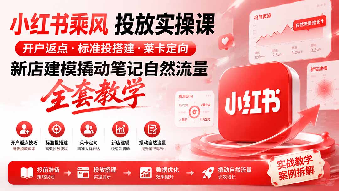 小红书乘风投放-100分钟实操课｜开户返点·标准投搭建·莱卡定向，新店建模撬动笔记自然流量全套教学-源创文化