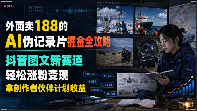 外面卖188的AI伪记录片掘金全攻略，抖音图文新赛道，轻松涨粉变现，拿创作者伙伴计划收益【文档】-源创文化