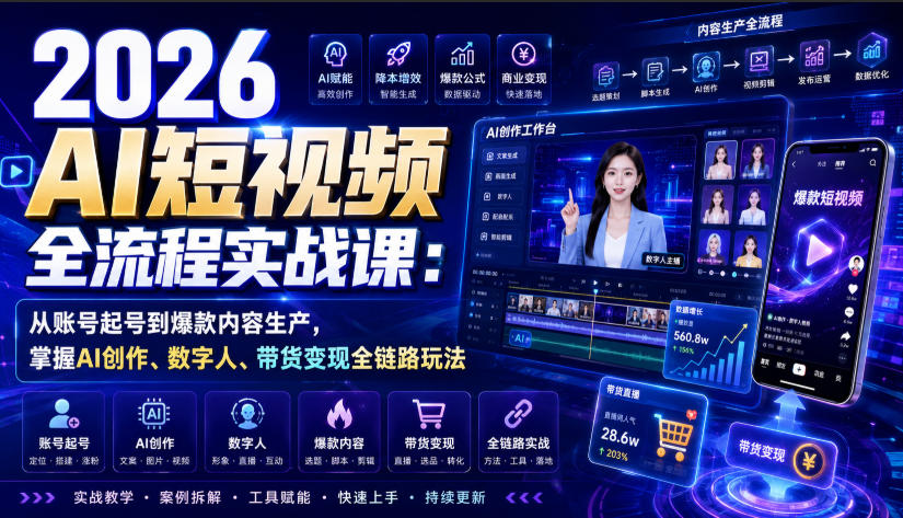 2026 AI短视频全流程实战课：从账号起号到爆款内容生产，掌握AI创作、数字人、带货变现全链路玩法-源创文化
