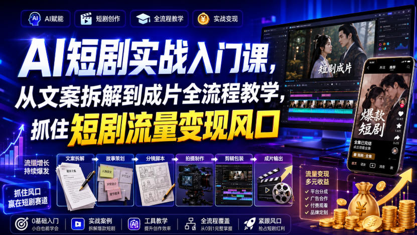 AI短剧实战入门课,从文案拆解到成片全流程教学,抓住短剧流量变现风口-源创文化