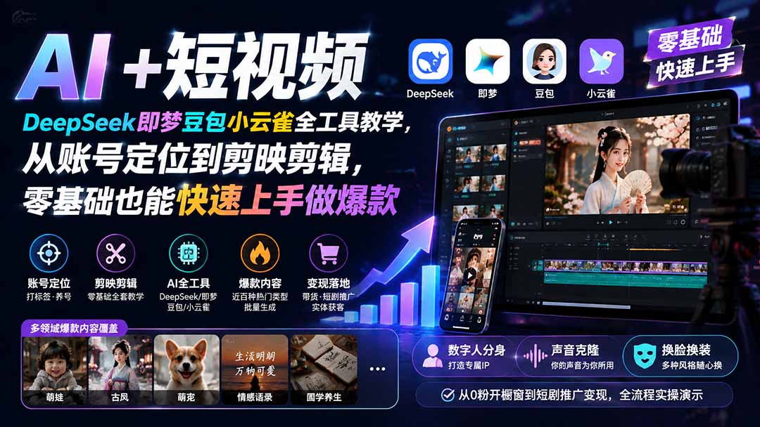 AI+短视频｜DeepSeek即梦豆包小云雀全工具教学，从账号定位到剪映剪辑，零基础也能快速上手做爆款-源创文化