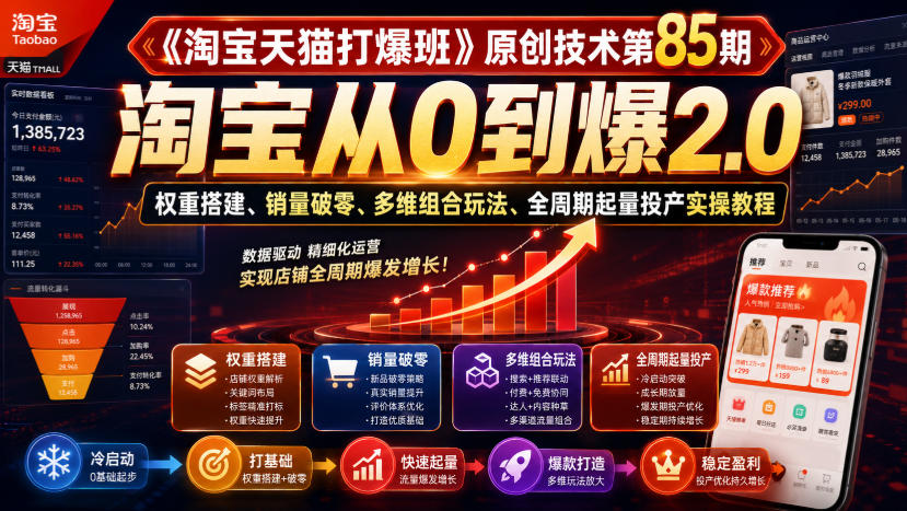 《淘宝天猫打爆班》原创技术第85期，淘宝从0到爆2.0，权重搭建、销量破零、多维组合玩法、全周期起量投产实操教程-源创文化