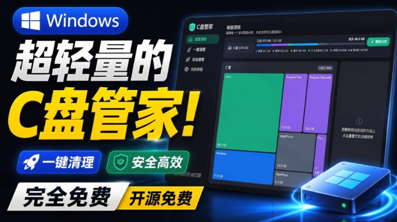 Windows超轻量的C盘管家！超级有特点，支持磁盘分析及清理提醒，2M大小体积，完全免费C盘管家-源创文化
