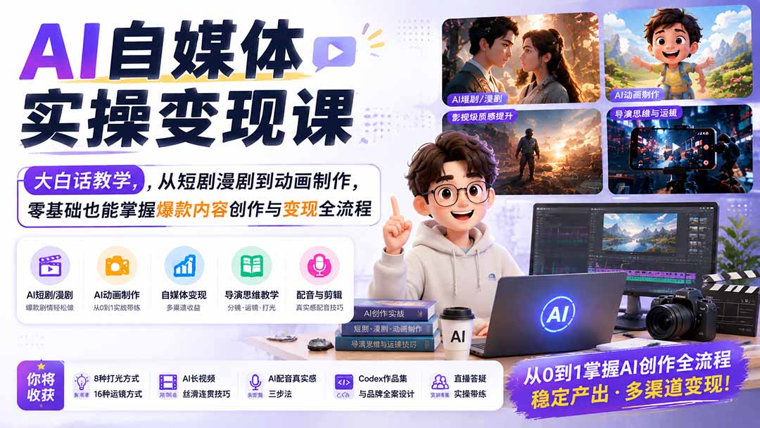 AI自媒体实操变现课｜大白话教学，从短剧漫剧到动画制作，零基础也能掌握爆款内容创作与变现全流程-源创文化