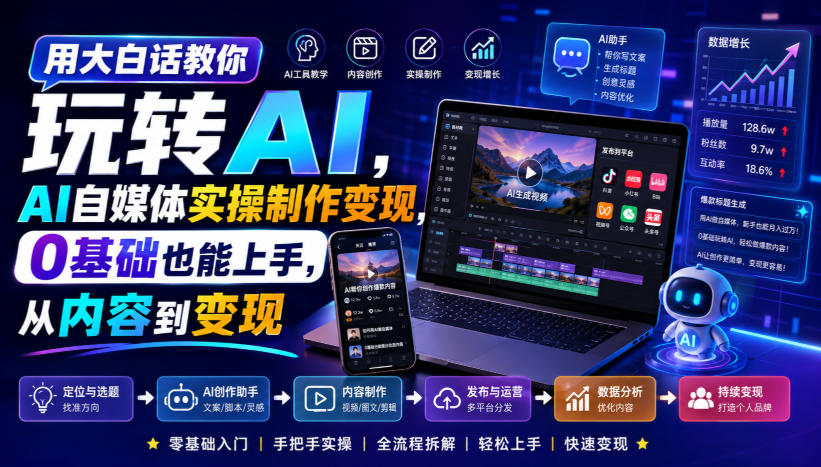 用大白话教你玩转AI，AI自媒体实操制作变现，0基础也能上手，从内容到变现-源创文化