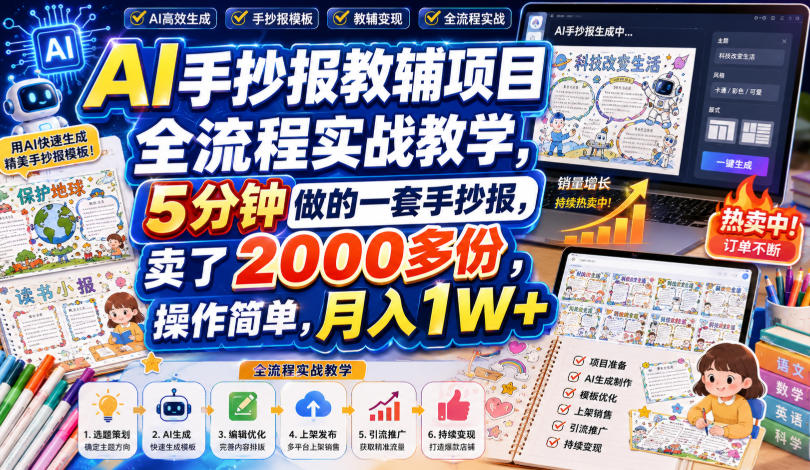 AI手抄报教辅项目全流程实战教学，5分钟做的一套手抄报，卖了2000多份，操作简单，月入1W+-源创文化