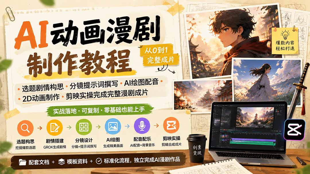 AI动画漫剧制作教程｜选题剧情构思·分镜提示词撰写·AI绘图配音·2D动画制作·剪映实操完成完整漫剧成片-源创文化