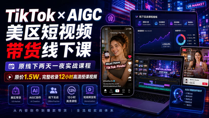 TikTok×AIGC美区短视频带货线下课,原线下两天一夜实战课程,原价1.5W,完整收录12小时高清授课视频-源创文化