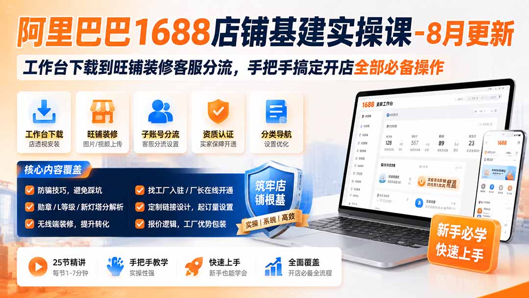 阿里巴巴1688店铺基建实操课-8月更新;工作台下载到旺铺装修客服分流,手把手搞定开店全部必备操作-源创文化