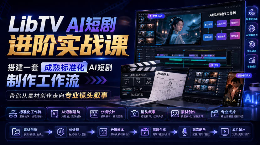 LibTV AI短剧进阶实战课，搭建一套成熟标准化AI短剧制作工作流，带你从素材创作走向专业镜头叙事-源创文化