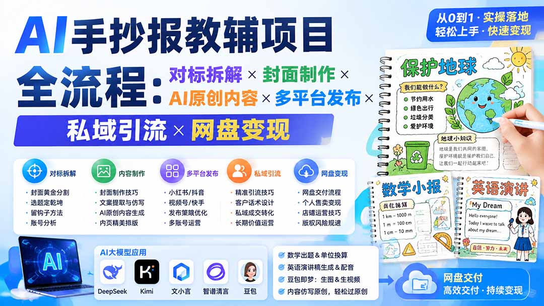 AI手抄报教辅项目全流程：对标拆解×封面制作×AI原创内容×多平台发布×私域引流×网盘变现-源创文化