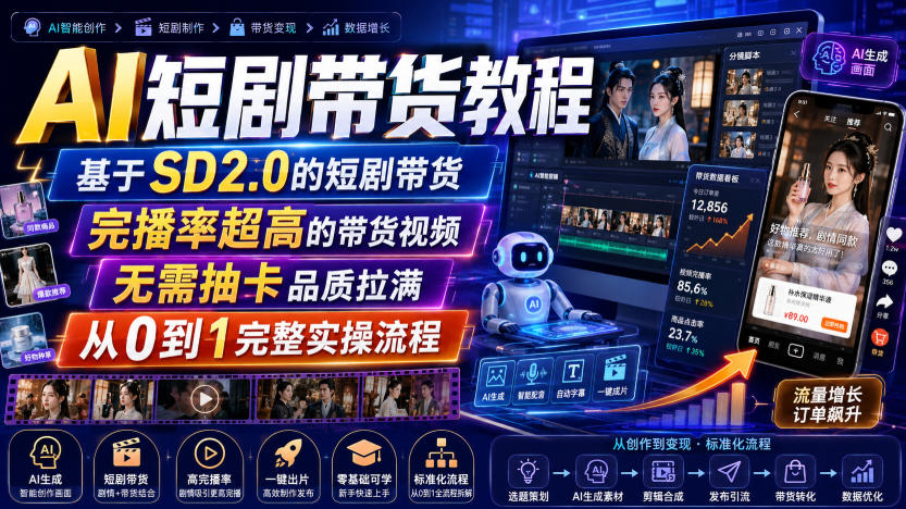 AI短剧带货教程，基于SD2.0的短剧带货，完播率超高的带货视频，无需抽卡品质拉满，从0到1完整实操流程-源创文化