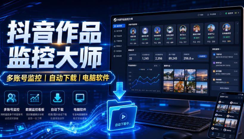 抖音作品监控大师，多账号监控丨自动下载丨电脑软件-源创文化