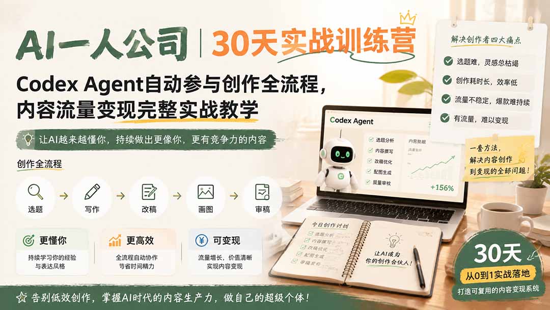 AI一人公司｜30天实战训练营；Codex Agent自动参与创作全流程，内容流量变现完整实战教学-源创文化
