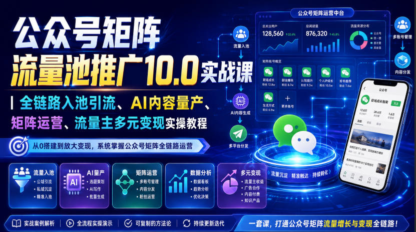 公众号矩阵流量池推广10.0实战课|全链路入池引流、AI内容量产、矩阵运营、流量主多元变现实操教程-源创文化
