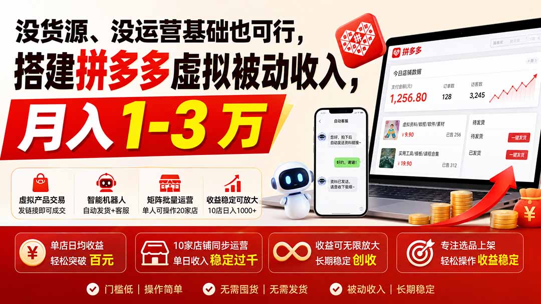 没货源、没运营基础也可行，搭建多多虚拟被动收入，月入 1-3 万-源创文化