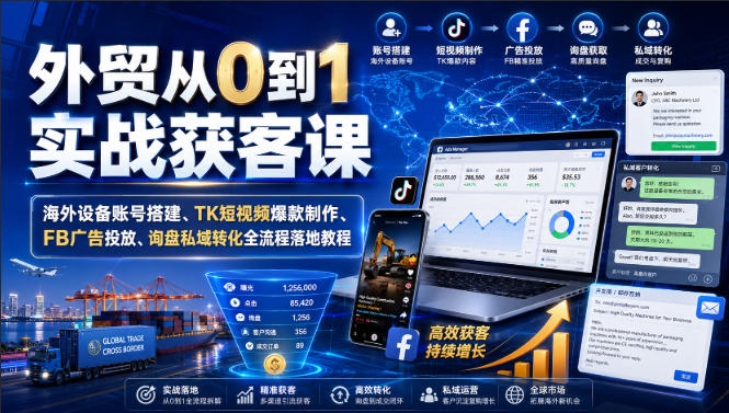 外贸从0到1实战获客课｜海外设备账号搭建、TK短视频爆款制作、FB广告投放、询盘私域转化全流程落地教程-源创文化