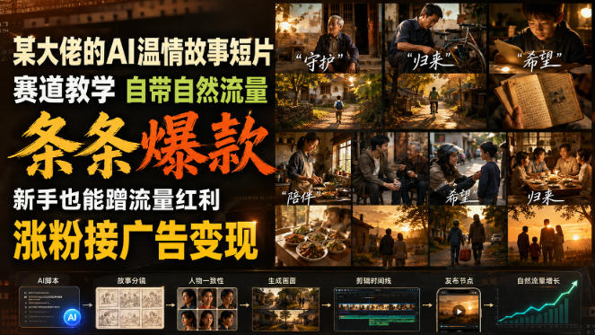 某大佬的AI温情故事短片赛道教学，自带自然流量，条条爆款，新手也能蹭流量红利，涨粉接广告变现-源创文化