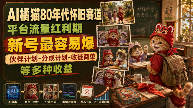 AI橘猫80年代怀旧赛道，平台流量红利期，新号最容易爆，伙伴计划-分成计划-收徒商单等多种收益-源创文化