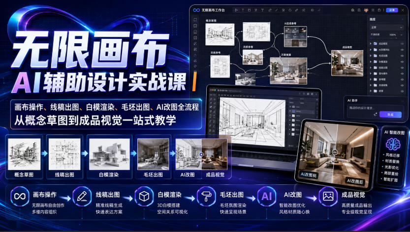 无限画布AI辅助设计实战课｜画布操作、线稿出图、白模渲染、毛坯出图、AI改图全流程，从概念草图到成品视觉一站式教学-源创文化