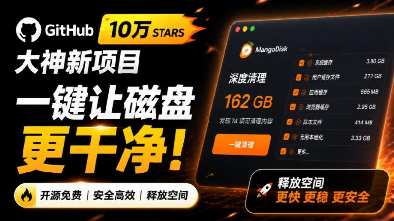 在Gtihub上做出10万stars的大神，又发布新项目了！一键让磁盘更干净，开源免费清理工具MangoDisk-源创文化