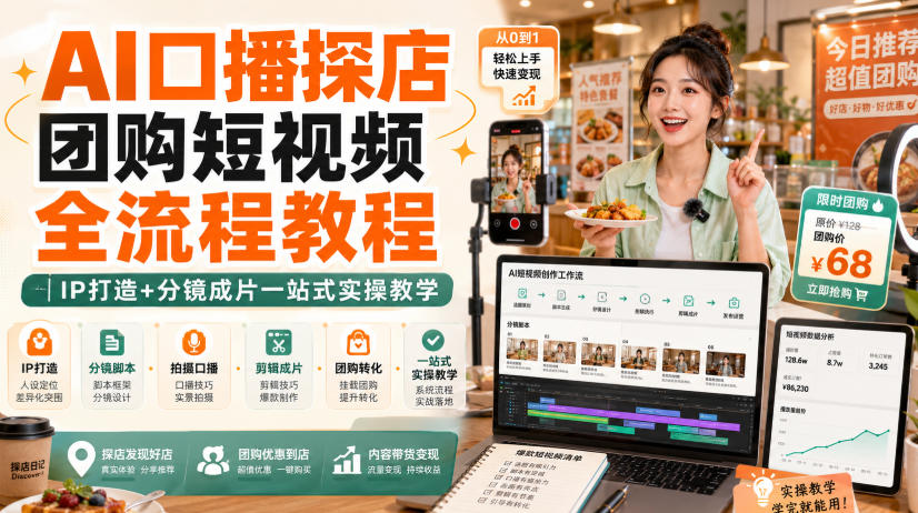 AI口播探店团购短视频全流程教程|IP打造+分镜成片一站式实操教学-源创文化