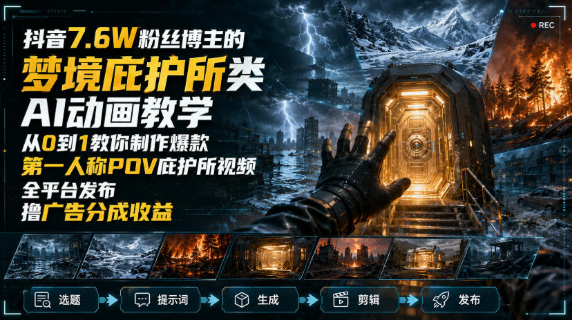 抖音7.6W粉丝博主的梦境庇护所类AI动画教学,从0到1教你制作爆款第一人称POV庇护所视频,全平台发布撸广告分成收益-源创文化
