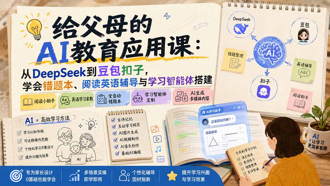 给父母的AI教育应用课：从DeepSeek到豆包扣子，学会错题本、阅读英语辅导与学习智能体搭建-源创文化