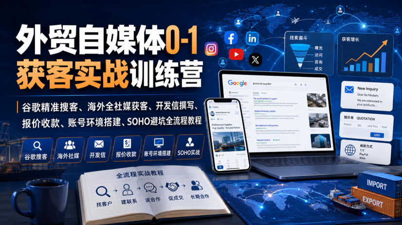 外贸自媒体0-1获客实战训练营|谷歌精准搜客、海外全社媒获客、开发信撰写、报价收款、账号环境搭建、SOHO避坑全流程教程(更新)-源创文化