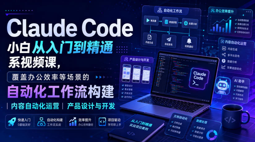 Claude Code小白从入门到精通系视频课，覆盖办公效率等场景的自动化工作流构建|内容自动化运营|产品设计与开发-源创文化