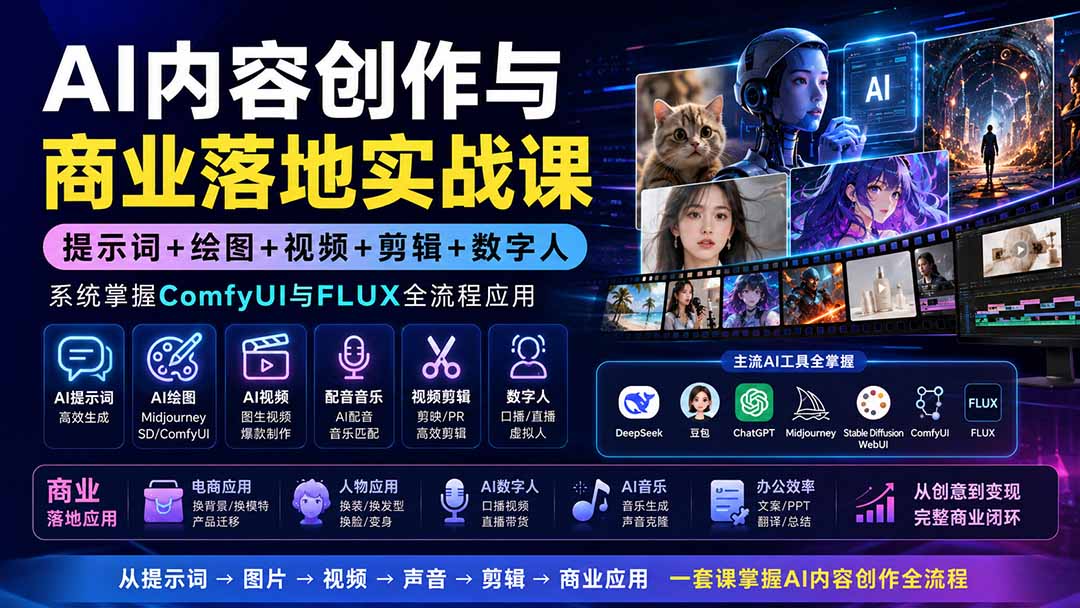 AI内容创作与商业落地实战课：提示词+绘图+视频+剪辑+数字人，系统掌握ComfyUI与FLUX全流程应用-源创文化