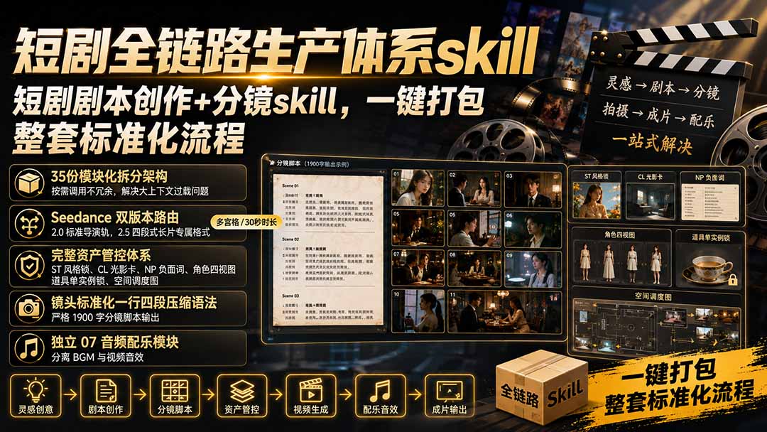 短剧全链路生产体系skill,短剧剧本创作+分镜skill,一键打包,整套标准化流程-源创文化
