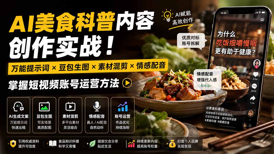 外面卖199元-AI美食科普内容创作实战！万能提示词×豆包生图×素材混剪×情感配音，掌握短视频账号运营方法-源创文化